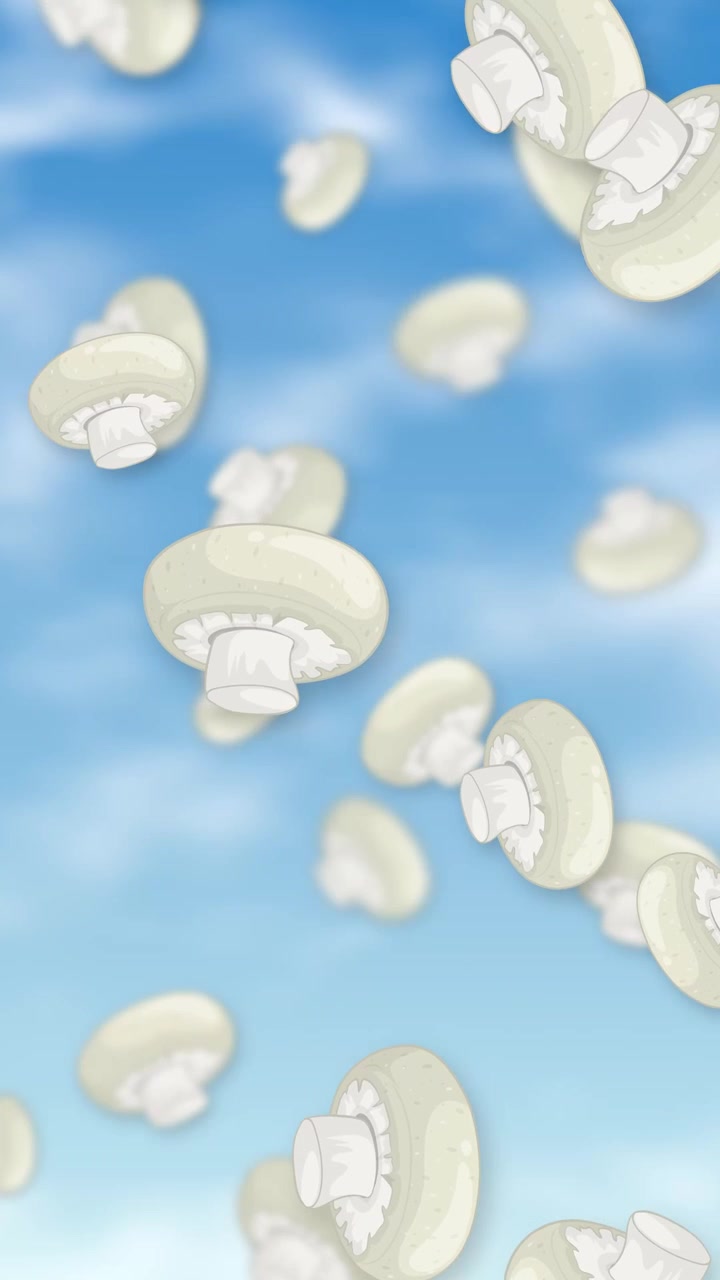 Funghi champignon bianchi stilizzati cadono continuamente attraverso un cielo azzurro brillante con nuvole bianche e soffici