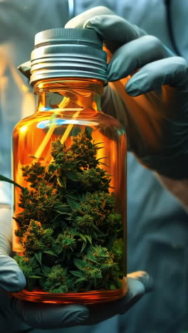 a man is holding a bottle of marijuana in his hand. the bottle is orange and the marijuana is green. the man is wearing a white lab coat and gloves. the scene is set in a field with many green plants