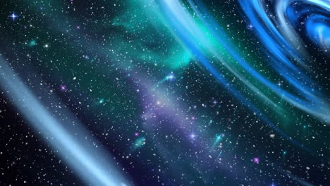 animación de la nieve navideña cayendo sobre la luz azul y blanca giratoria y el cielo estrellado de la noche.