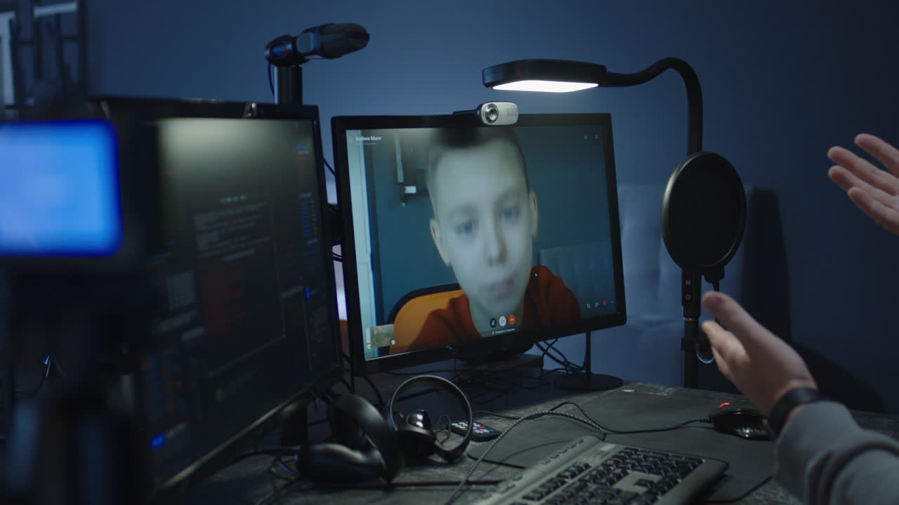 Child in a video call from a home office