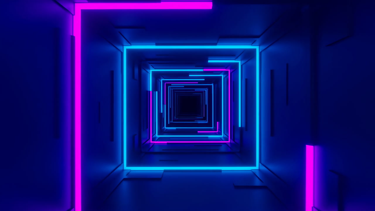 Neon Tunnel With Pulsing Square Frames Magenta And Cyan Light Streaks Create Hypnotic Corridor, Rhythmic