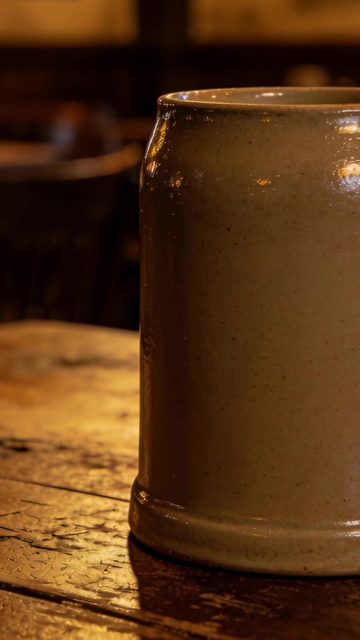 Video vertical: Cámara moviéndose revelando una jarra de cerveza sobre una mesa desgastada, sillas borrosas, mostrando el borde, color ámbar.