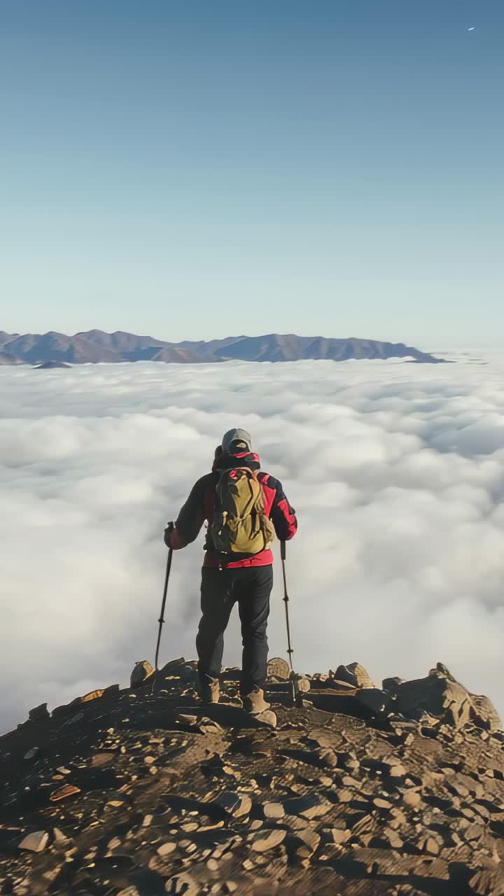 Video vertical: Excursionista con chaqueta roja y bastones contempla el paisaje mientras camina por la cresta, con nubes.