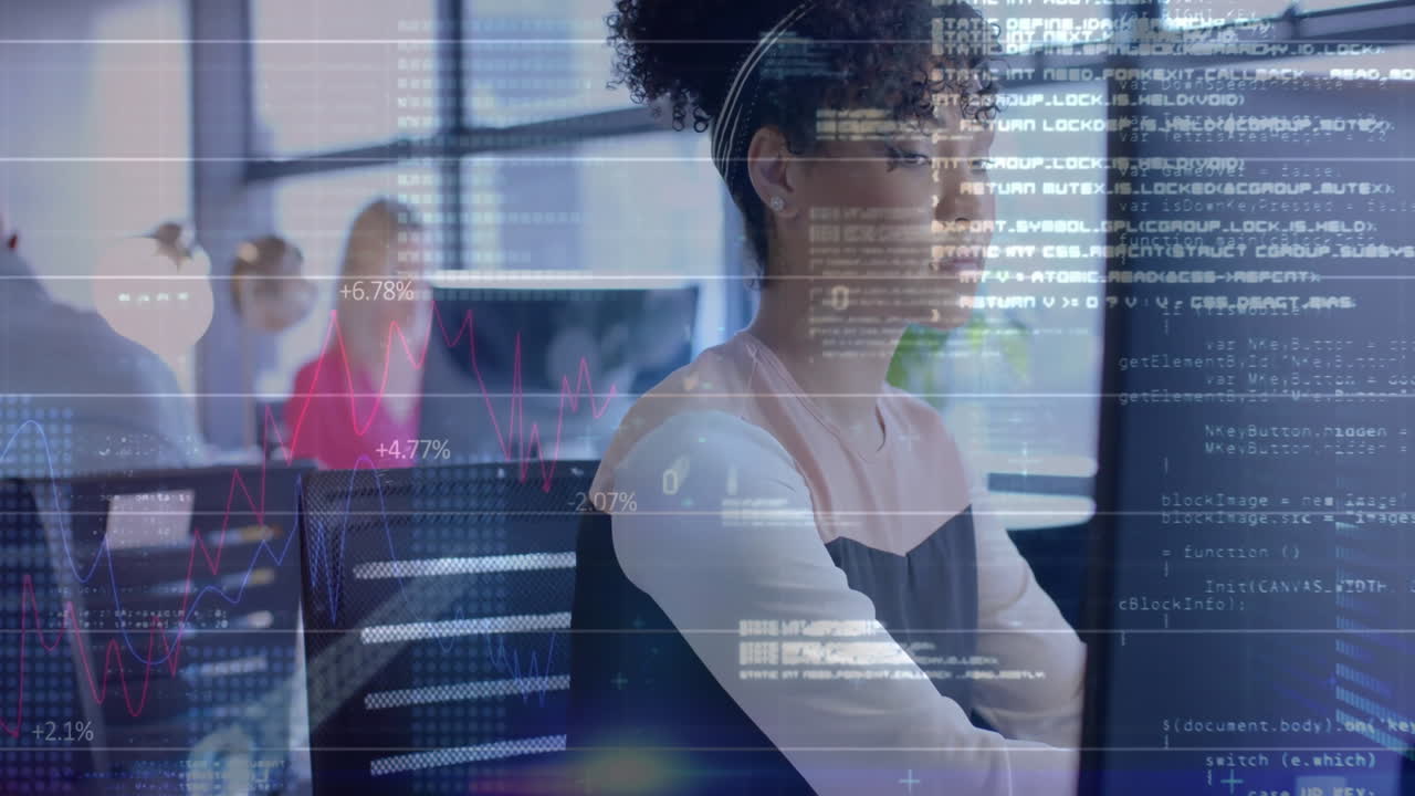 animación del procesamiento de datos financieros sobre una mujer de negocios afroamericana en la oficina