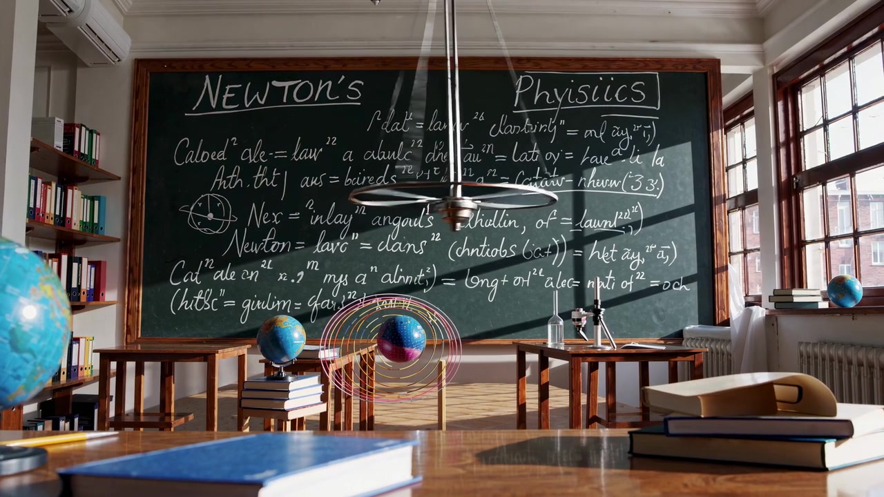 Aula di fisica con lavagna e modelli scientifici