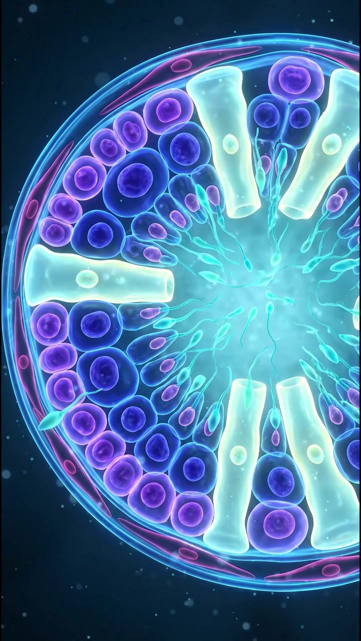 Animazione al microscopio di cellule spermatiche che nuotano verso una cellula uovo