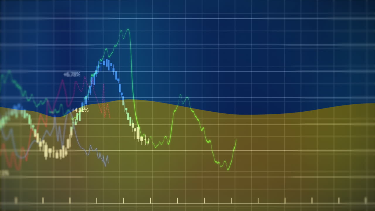 animación de gráficos financieros sobre la bandera de ucrania