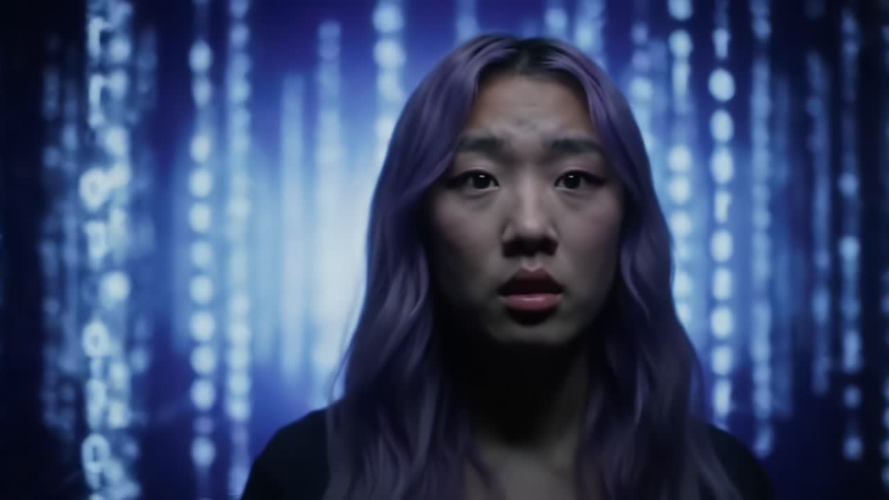 A Captivating Moment of Reflection: A Young Woman with Purple Hair Against a Mystical Digital Landscape, Emphasizing Emotion and Connection
