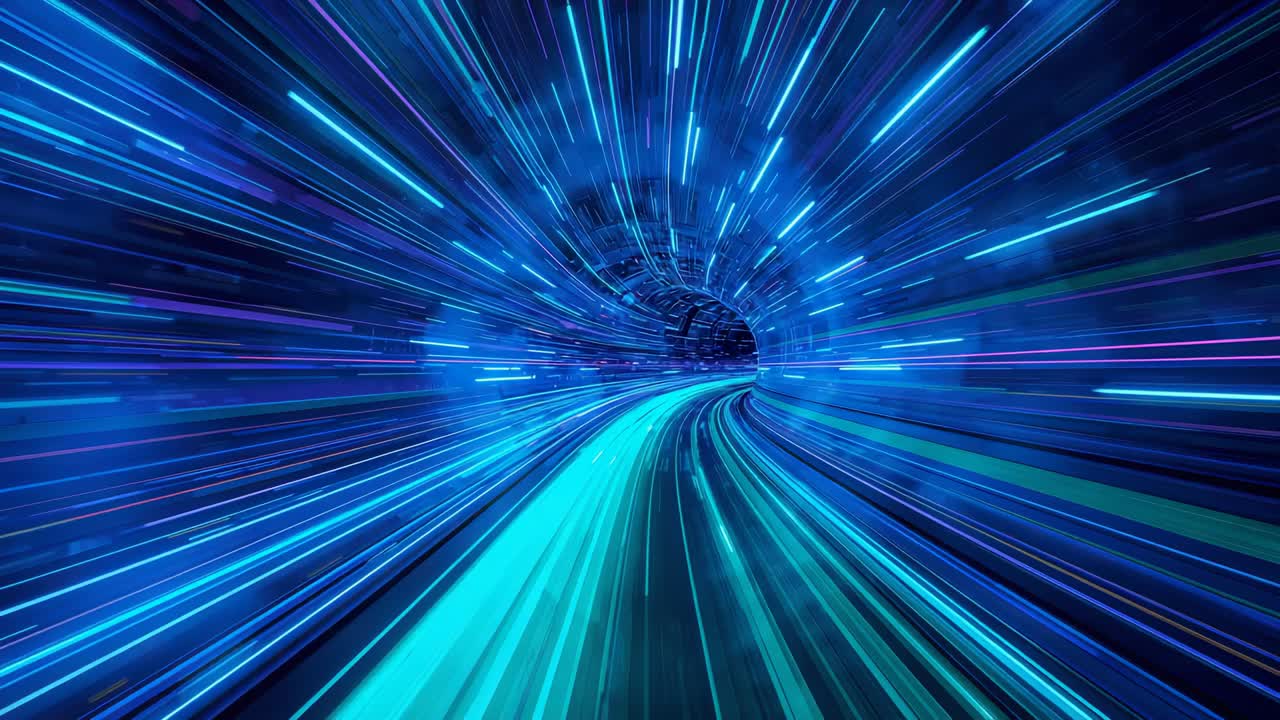 Camera in movimento che spinge una traccia ciano attraverso pareti al neon curve verso un vortice scuro, con striature blu-viola