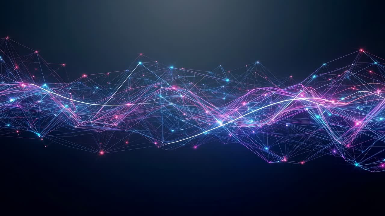 Emerging mesh of glowing nodes pulsing, undulating and looping in dark void, with neon gradients