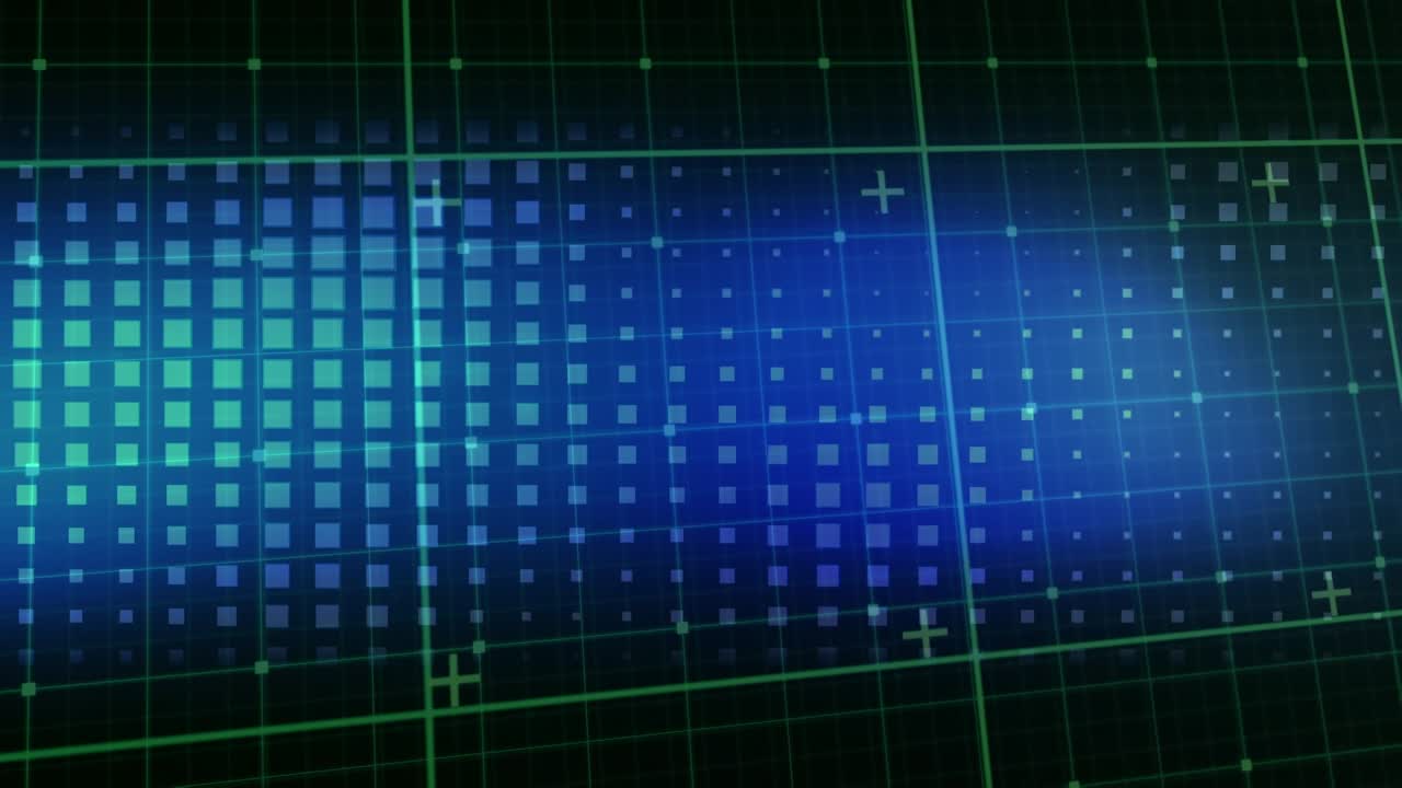 Animation of glowing data processing with markers over grid