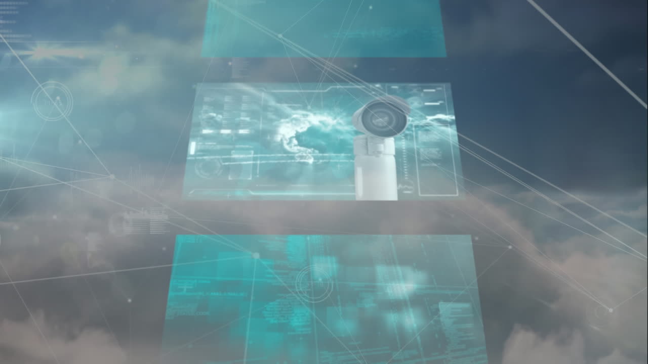 animación de la red de conexiones y procesamiento de datos sobre el cielo con nubes