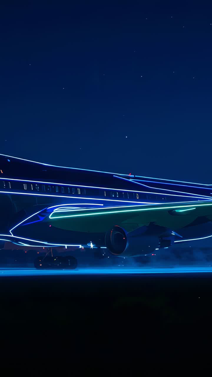 Vertical video: Pulsing neon lighting tracing jet engine and landing gear on runway, mist drifting