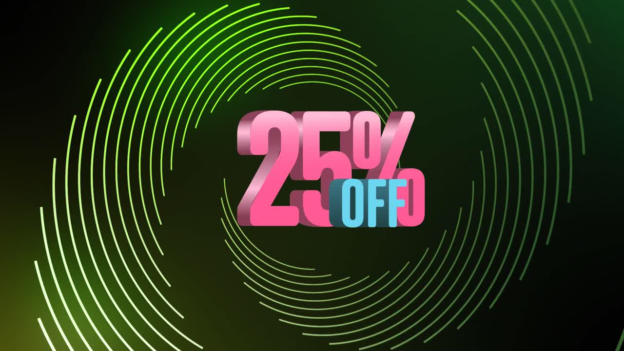 animación de 25 por ciento de descuento sobre espiral verde sobre fondo negro