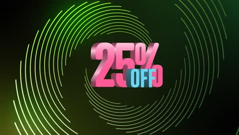 Animation-of-25-percent-off-over-green-spiral-on-black-background