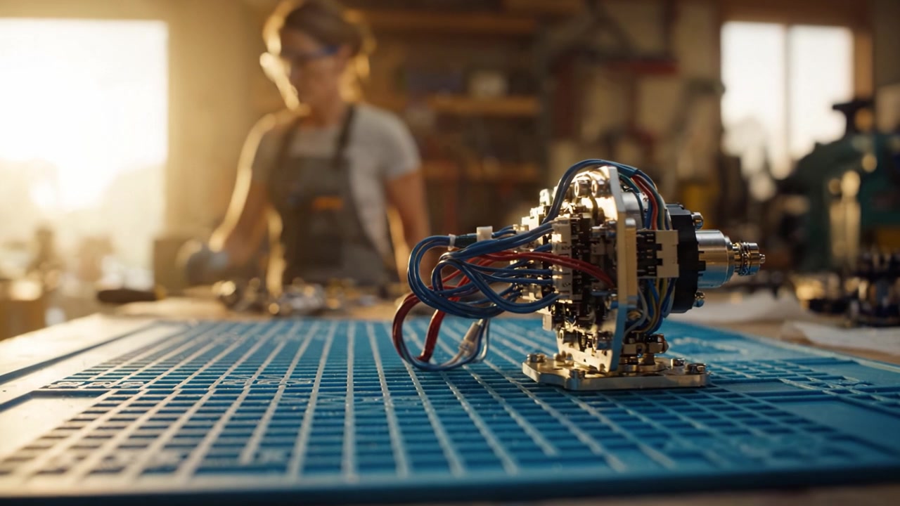 Et detaljeret kig på en kompleks elektronisk samling med farverige ledninger på en blå arbejdsflade på et værksted under den gyldne time, der viser innovation og håndværk.