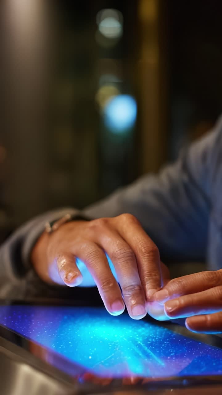 Captivating Interaction with Technology: A Close-up of Hands Engaging with a Touchscreen Device Illuminating a Vibrant Blue Glow in a Modern Setting