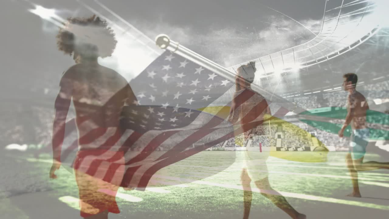 Three runners pushing off start lead runner sprinting right US flag overlaying competing in sports