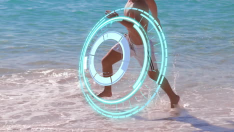 man running on beach with digital circular interface animation over him