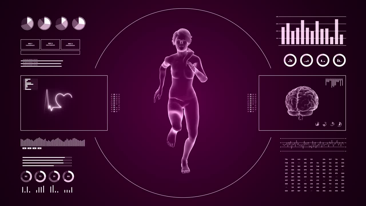hud muestra el monitoreo de la actividad de carrera cardíaca de la niña. figura femenina humana 3d en movimiento de fitness. datos e informes de infografías 4k sobre la interfaz deportiva digital.