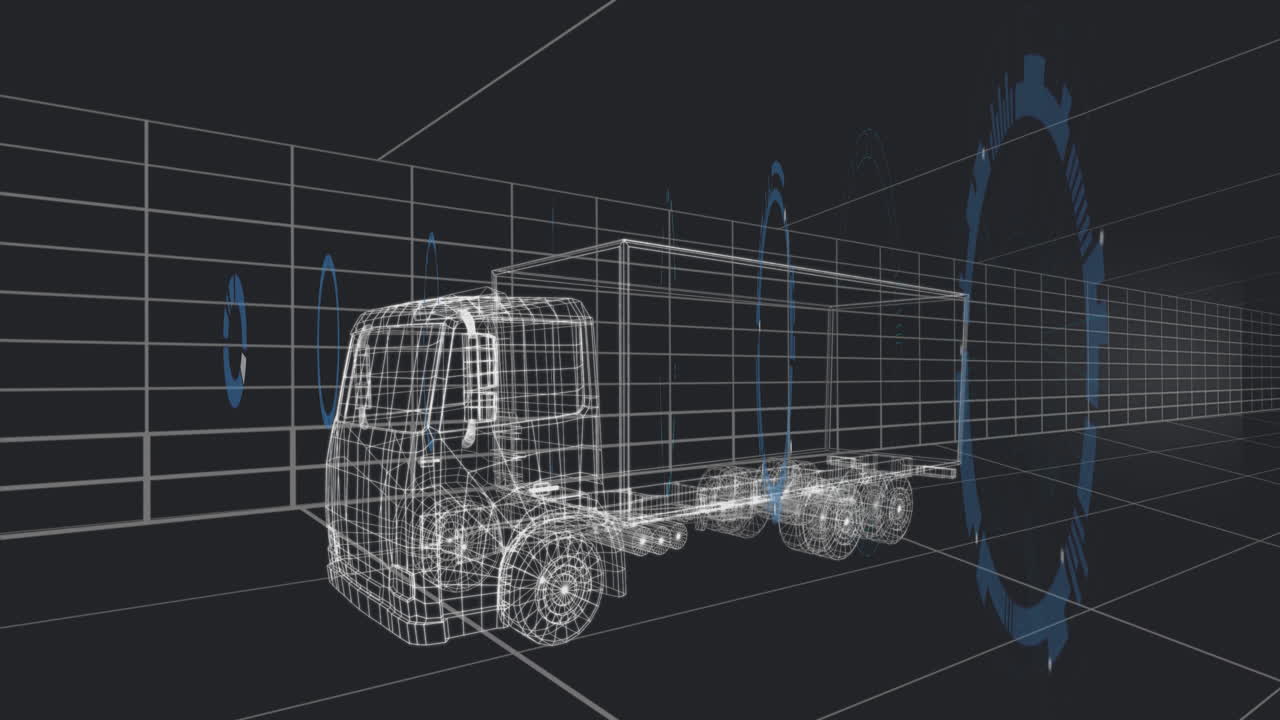 Wireframe semi-truck and trailer traveling across virtual 3D grid, showing floating blue HUD icons