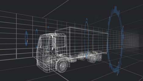 wireframe semi-truck and trailer traveling across virtual 3d grid, showing floating blue hud icons
