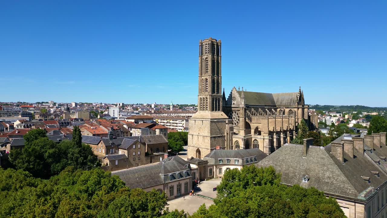 Cathédrale Saint-Étienne and surrounding cityscape, Limoges, France. Aerial drone ascending, cityscape