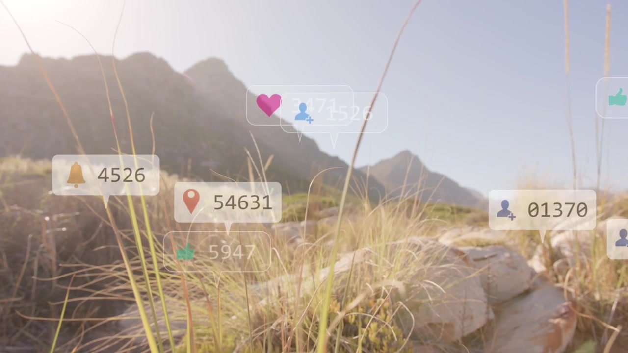 Badges popping at right, multiplying and drifting across dunes and rocks, showing engagement rise