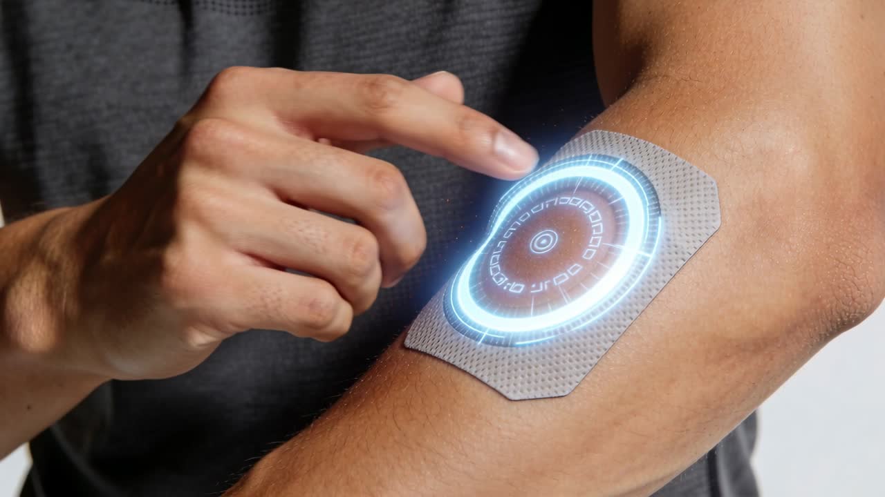 Swiping man in grey shirt touching wearable forearm patch in studio, showing blue holographic ring