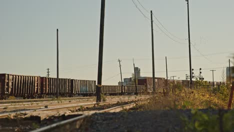 freight train cargo cars parked at abandoned industrial city railway yard as birds fly overhead during golden hour cinematic ungraded 4k