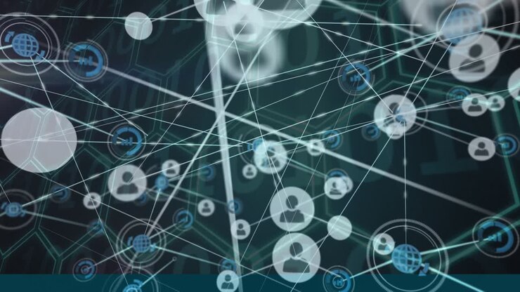 Animazione di una rete di icone di profilo su un design con motivo esagonale e codifica binaria