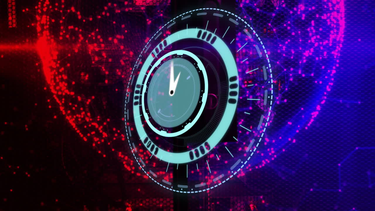 Futuristic digital clock animation over vibrant red and purple abstract background