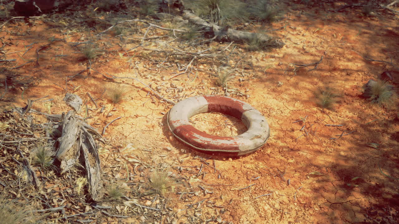 Lonely life preserver on dry ground in a secluded outdoor area