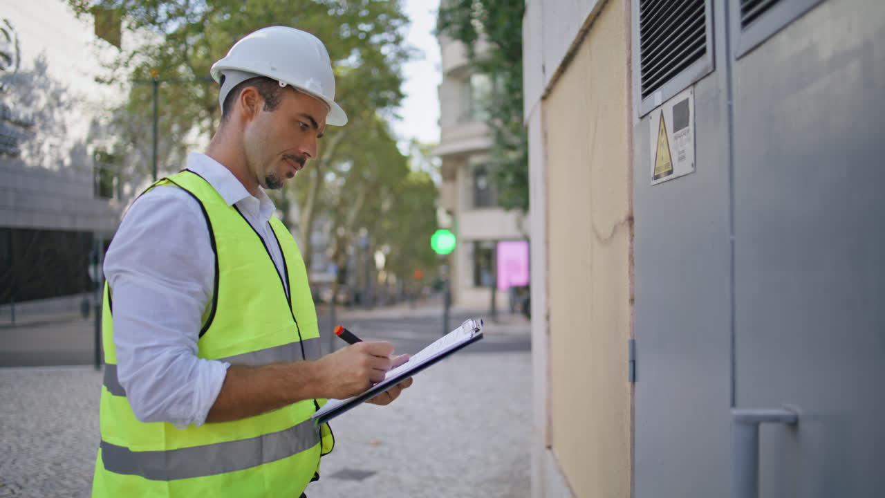 Electrical inspector writing paper working outdoors zoom on. Man making notes