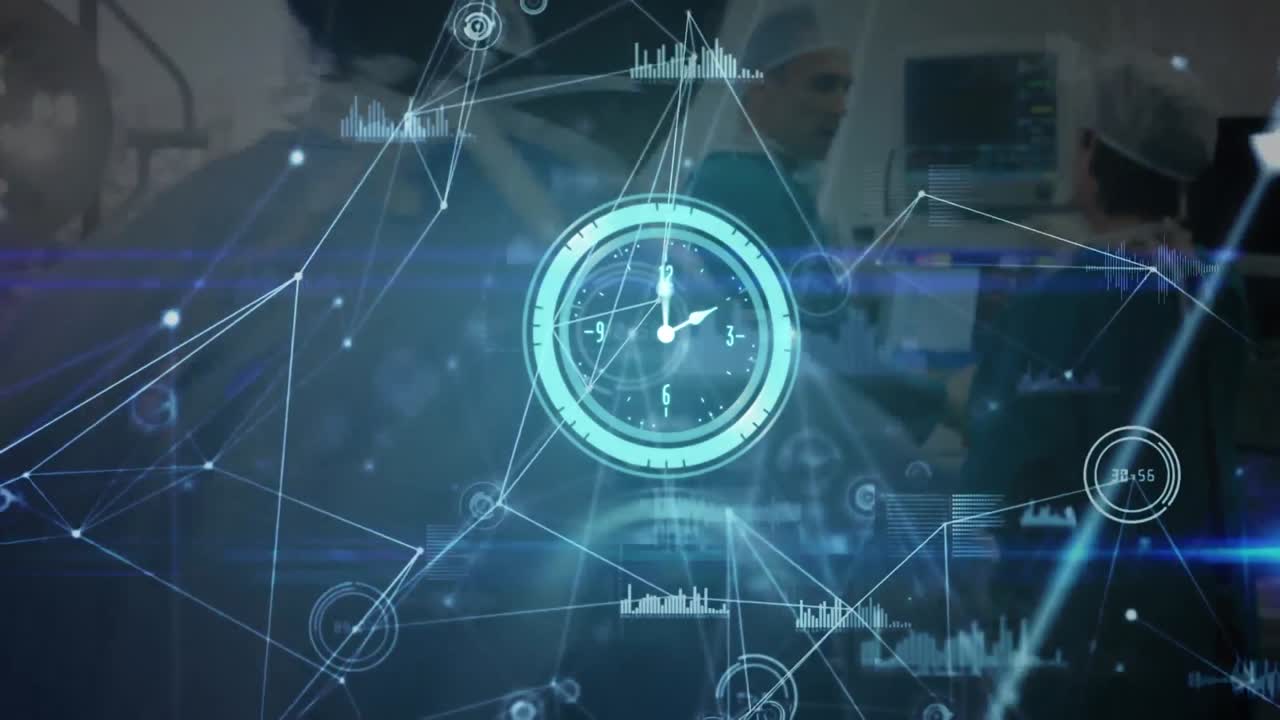 Animation of ticking clock and network of connections over team of surgeons in operation theatre