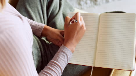 Writing,-journal-and-zen-woman-hands-with-notebook