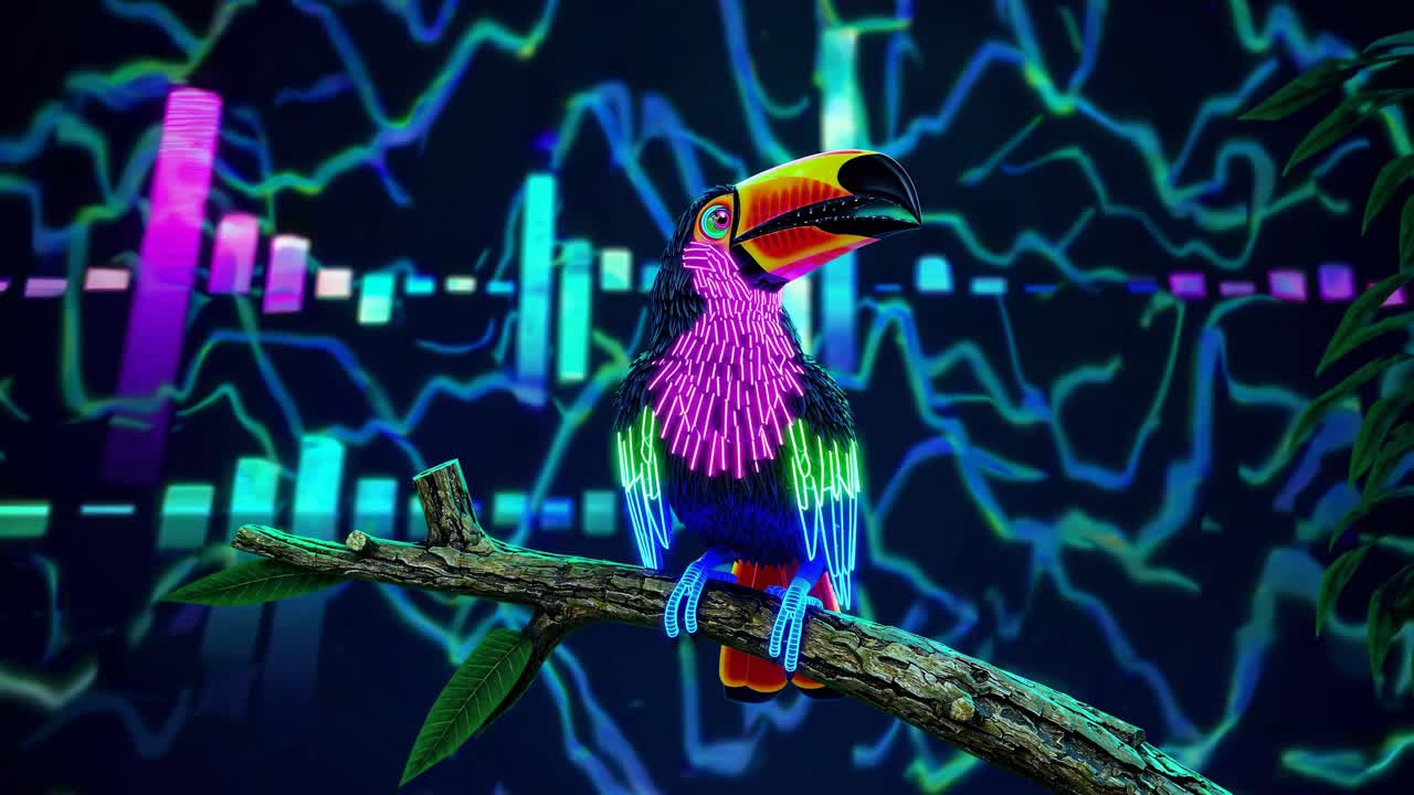 tucano de neón en una rama con fondo en forma de onda