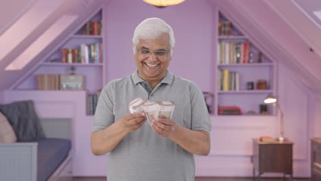 happy indian old man counting money