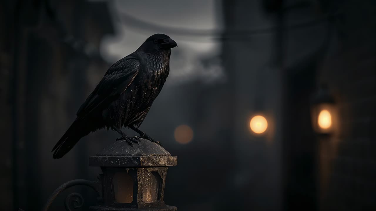 Crow rotating head and scanning narrow misty alley as dusk falling from stone lantern for safety