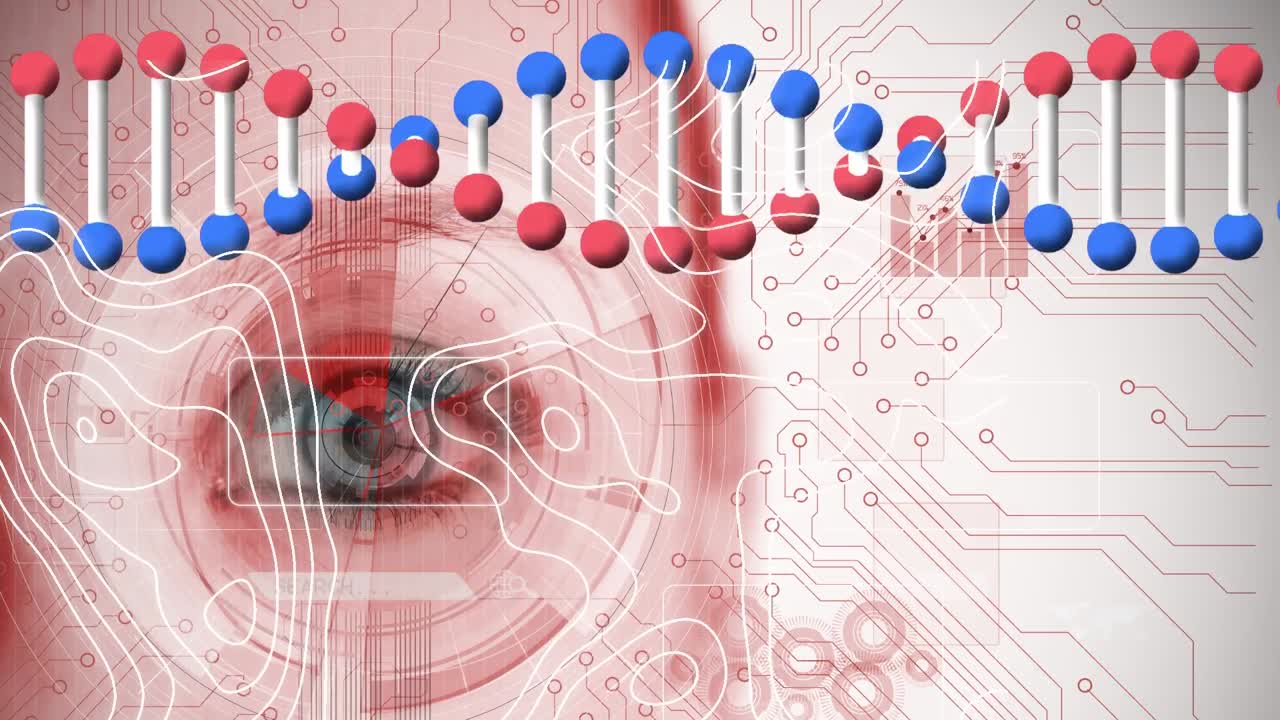 백인 여성의 눈 위에 있는 dna 가닥과 움직이는 모양의 애니메이션