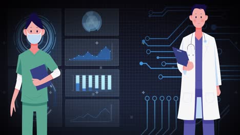 animation of doctors and scientific data processing over blue background
