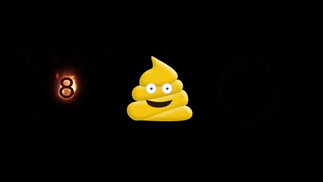 digital animation of yellow poop and number eight on fire icon against black background