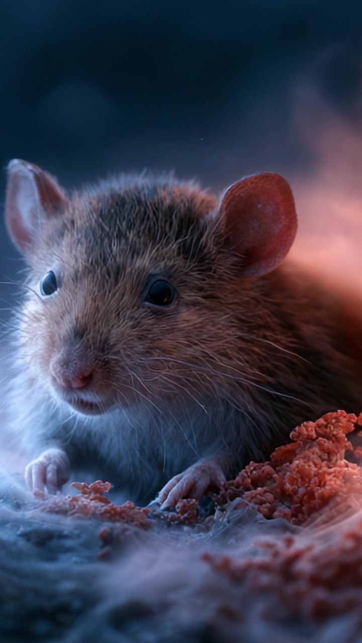 Primo piano accattivante di un adorabile topo nel suo ambiente accogliente, che mostra la sua texture unica della pelliccia e l'espressione curiosa in un'atmosfera sognante.