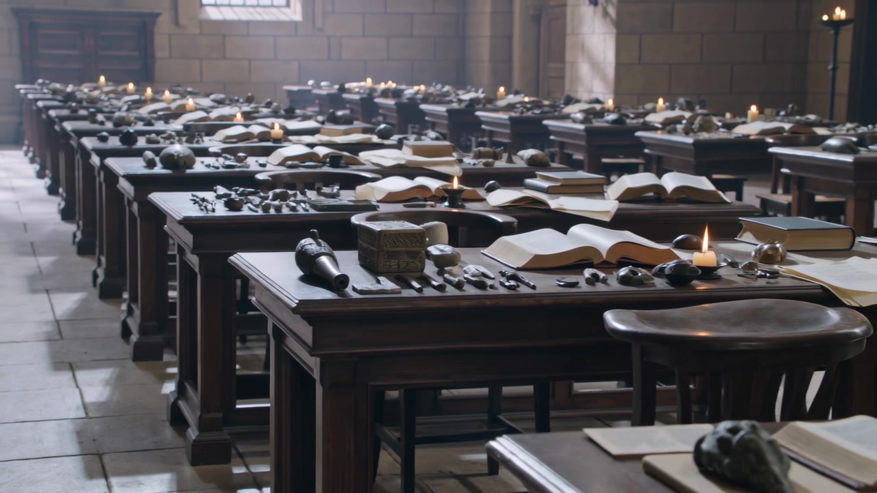Revelando uma escrivaninha em primeiro plano enquanto a câmera avança por uma sala de estudos, mostrando livros abertos e uma pena.
