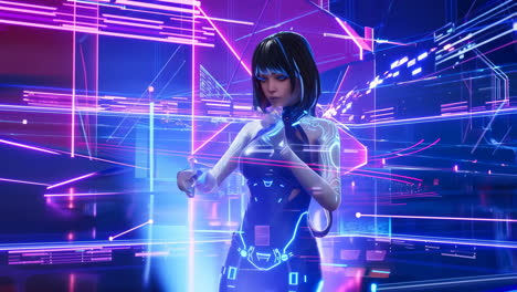 futuristic virtual woman in neon cyberpunk world