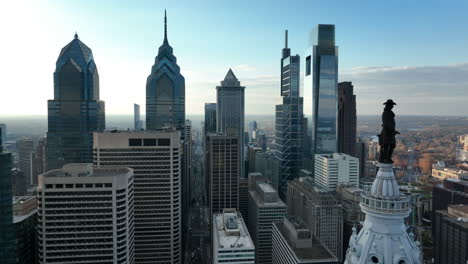 aerial pullback reveals philly skyline