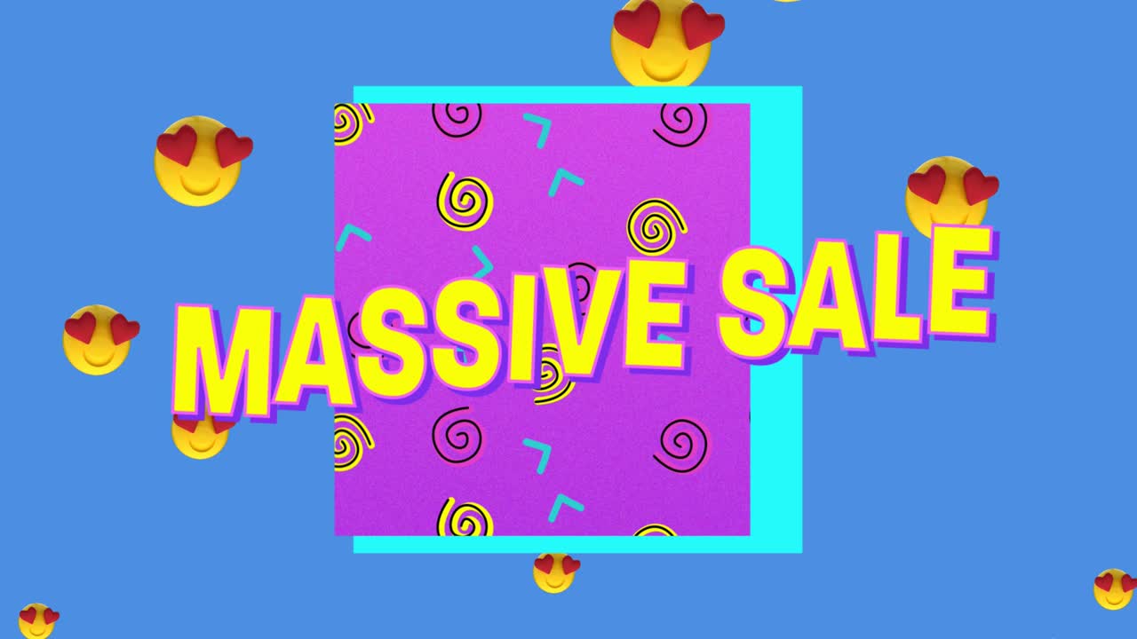 심장, 눈, 얼굴, 이모티콘, 파란색 배경에 대비한 대규모 판매 텍스트