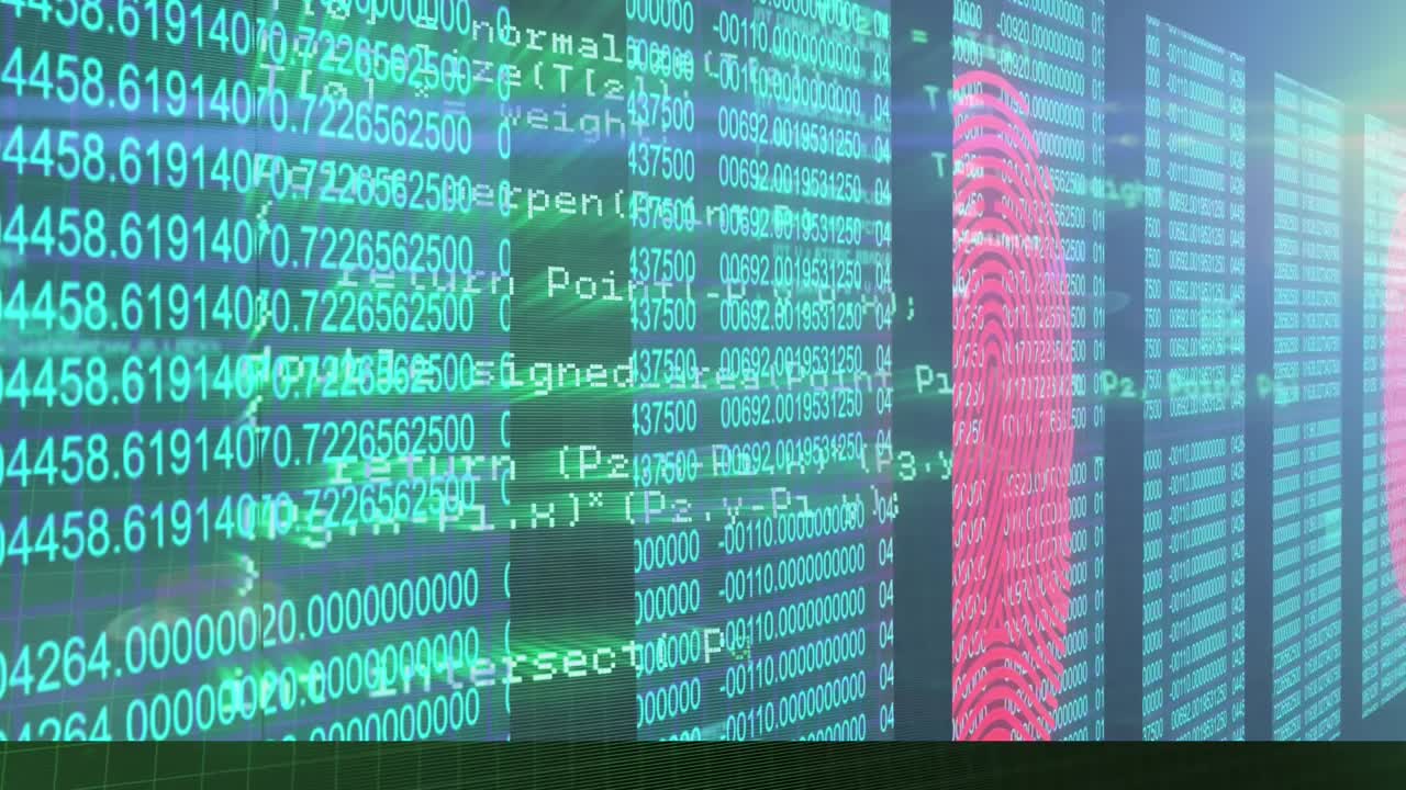 animación del procesamiento de datos sobre números cambiantes y huellas dactilares biométricas