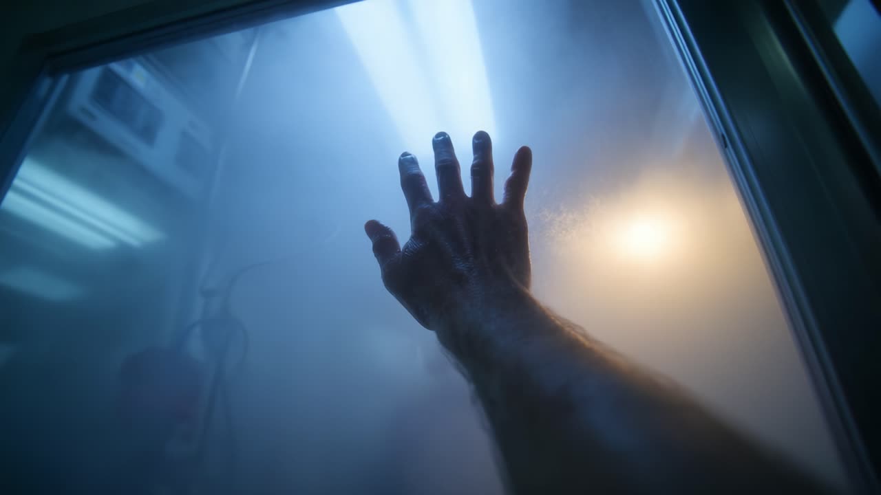 An Insignificant Yet Profound Moment Captured in Two Frames, Revealing a Hand Reaching Out Through a Layer of Fog and Light, Conveying Emotion and Isolation in a Transcendent Atmospheric Setting