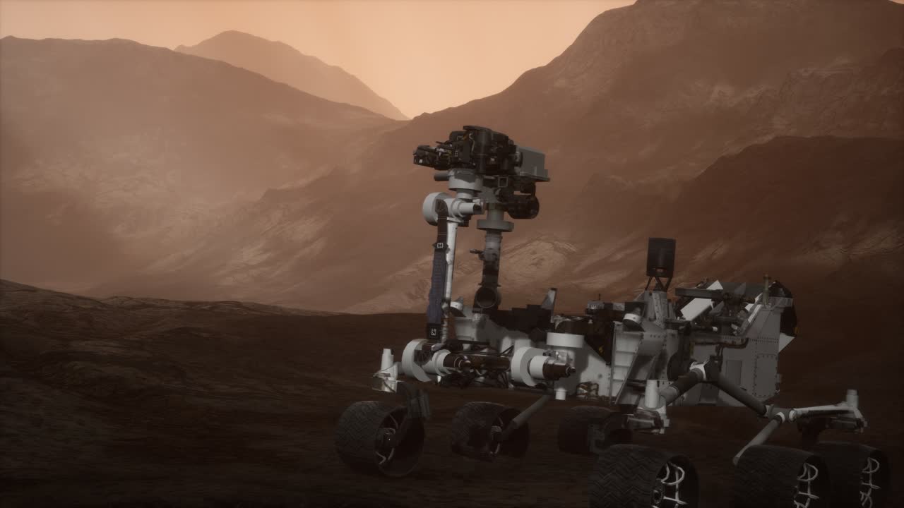 Mars-mönkijä Curiosity tutkimassa punaisen planeetan pintaa. Kuvan elementit on toimittanut NASA.